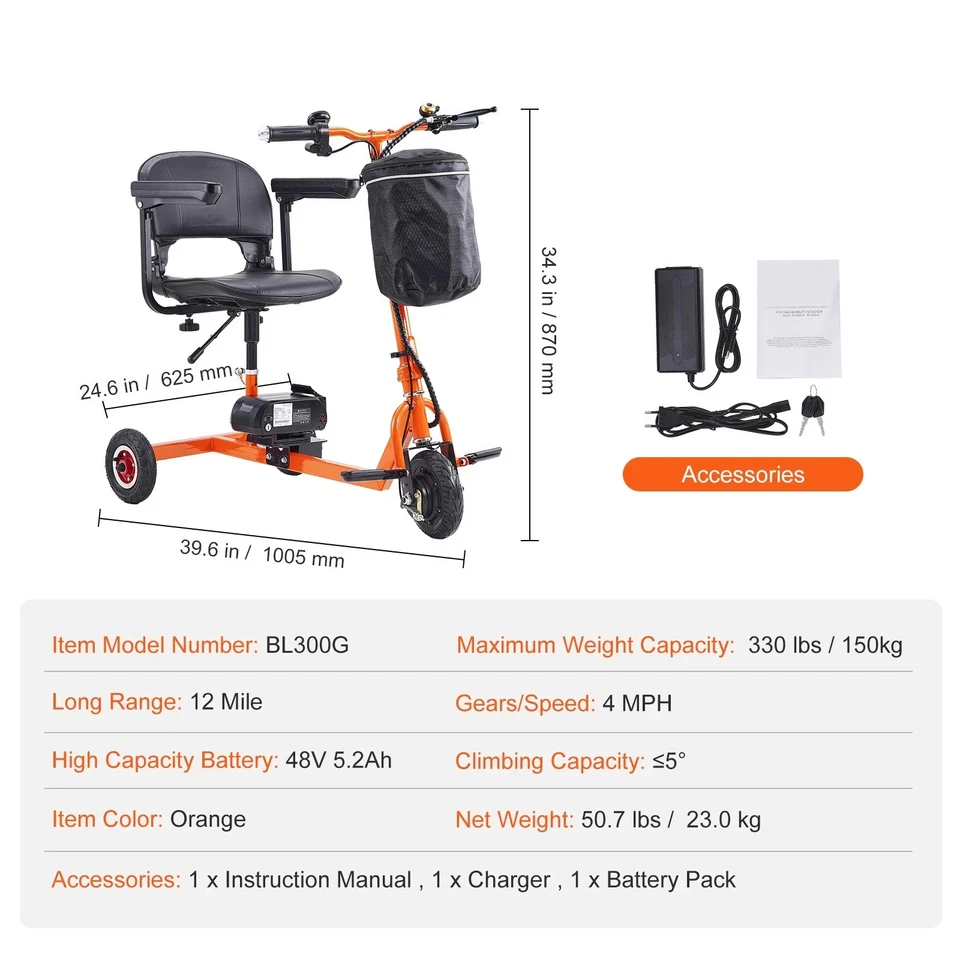 Uimoso Portable 3 Wheel Mobility Scooter for Seniors 12 Mile Range Max 330LBS - Image 2
