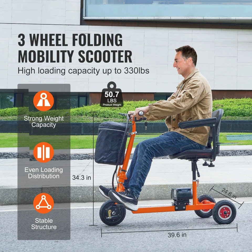 Uimoso Portable 3 Wheel Mobility Scooter for Seniors 12 Mile Range Max 330LBS - Image 6